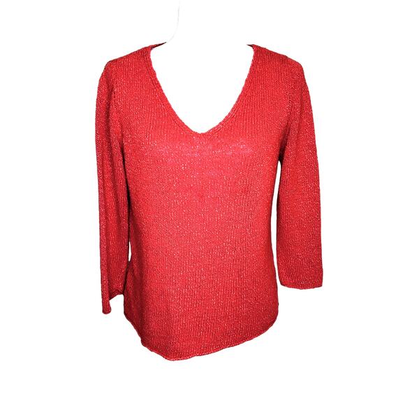 Eileen Fisher Salmon Orange V-Neck Rolled Hem Linen Blend Top - Picture 1 of 8